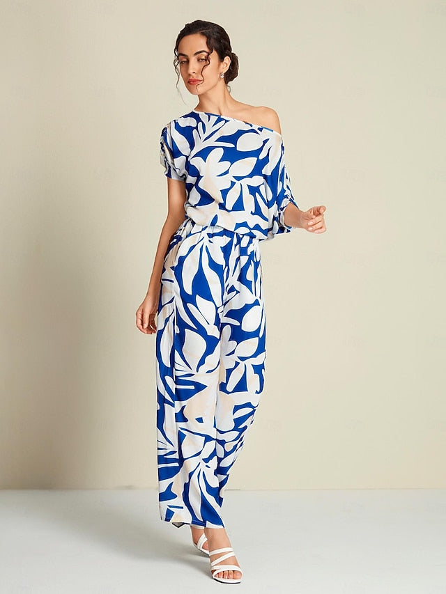 Satin Mismatched Floral Slash Neck T-shirt Sleeve Two Piece Set