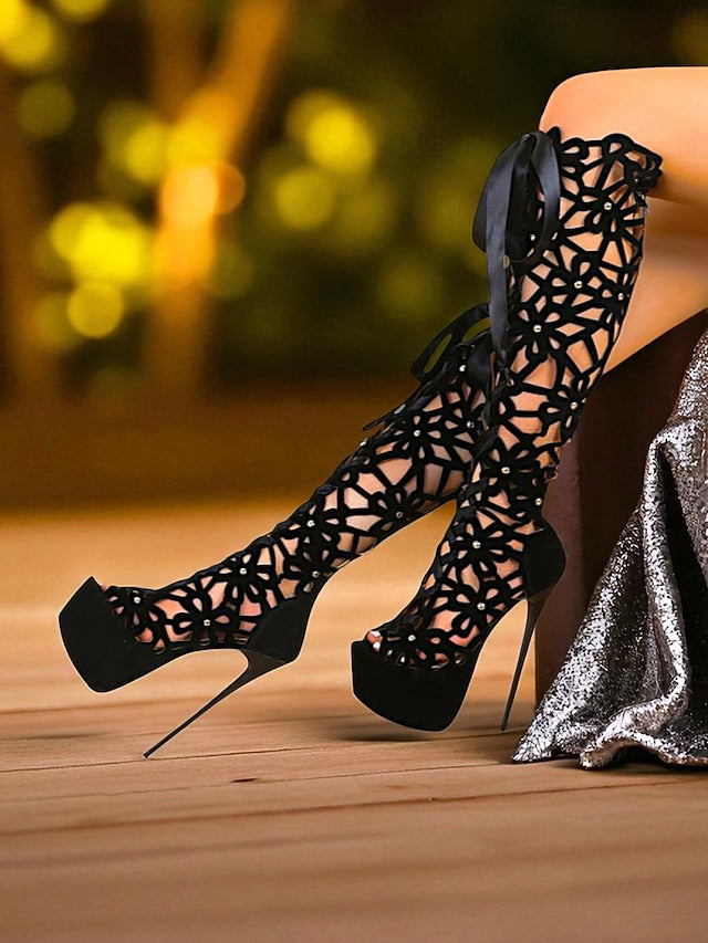 Cutout Peep Knee Boots Sexy Platform Stiletto High Women's