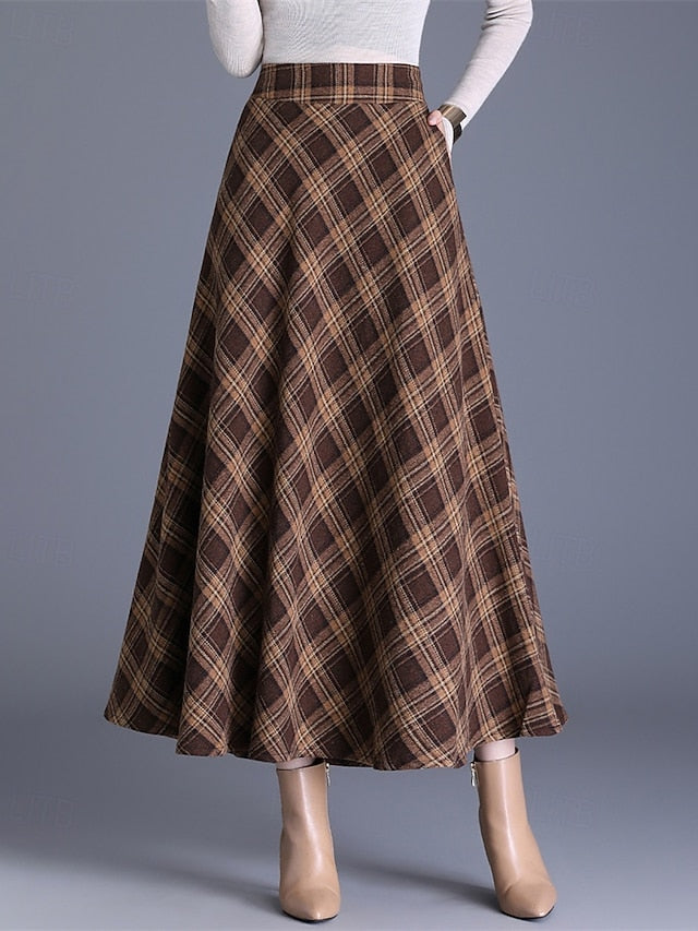Women's Elegant Retro Vintage Maxi High Waist Skirts Plaid