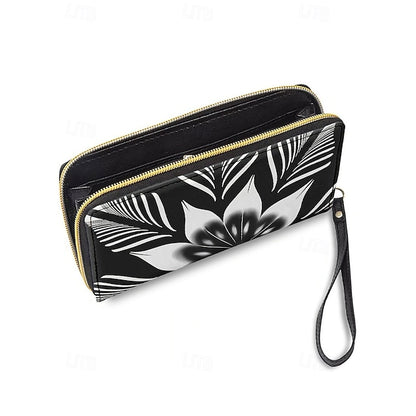 Floral Black Women's Wallet Faux White and Print –