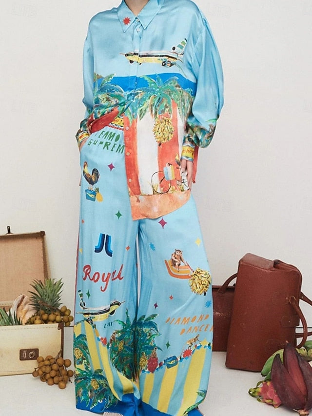 Women's Shirt Blouse Wide Leg Pants Long Sleeve Shirt