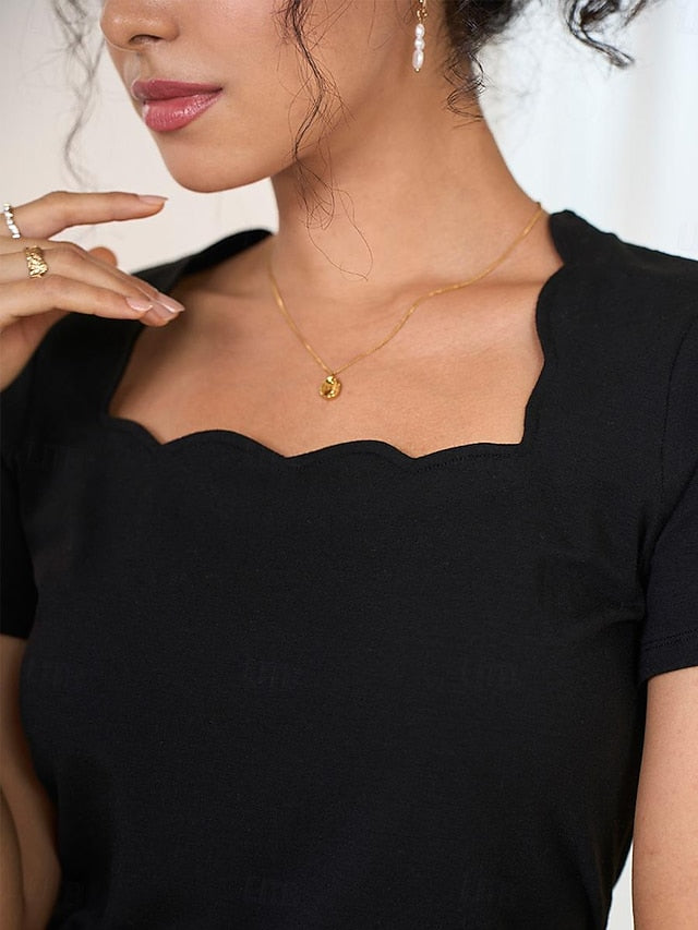 Women's Scalloped Neckline T-shirt Short Sleeve Solid Color