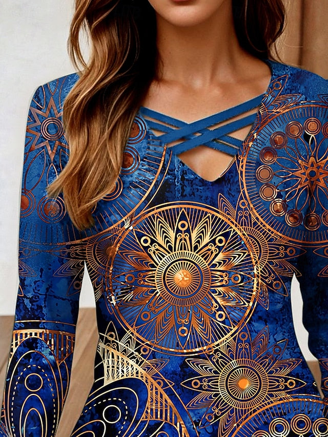 Women's T Shirt Cut Out Print Graphic Geometric Mandala
