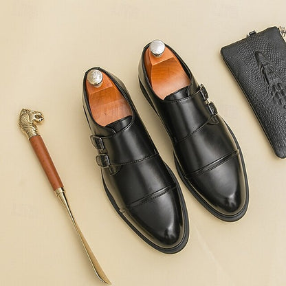 Strap Leather Shoes Double Men's Monk Brown Faux