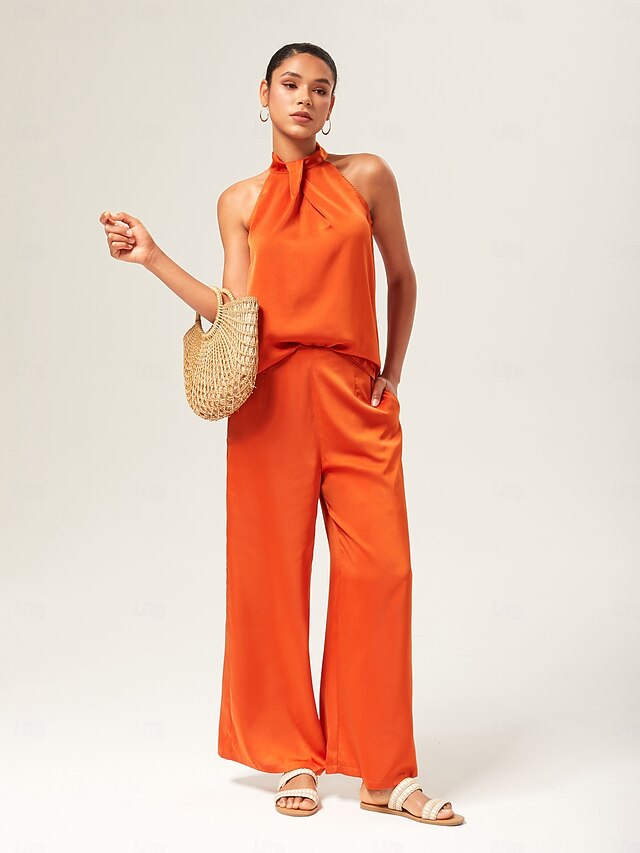 Orange Stand Collar Wide Leg Pants Set
