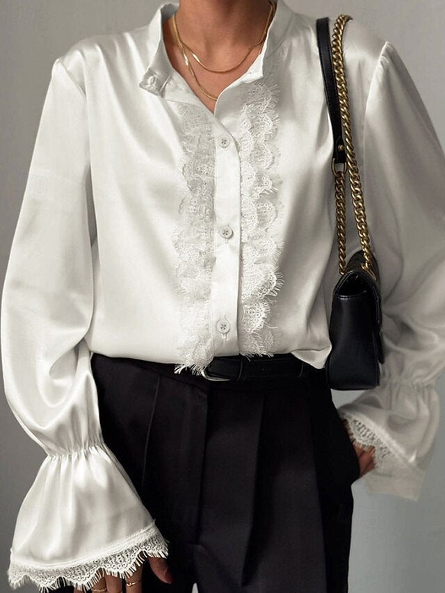 Women's Shirt Elegant Satin Top Blouse Patchwork Lace Trim