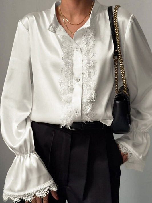 Women's Shirt Elegant Satin Top Blouse Patchwork Lace Trim
