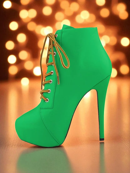 Boots Beige Platform Women's - Lace-Up Ankle Leather Faux