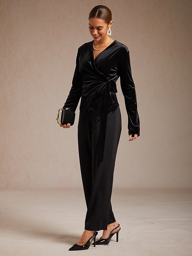 Women's Velvet Wrap Tops Dressy Tops Tie Front Solid Color