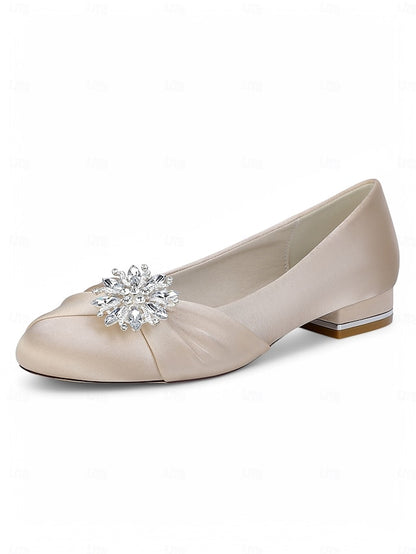 White Wedding Satin Flats – Elegant Crystal Women's