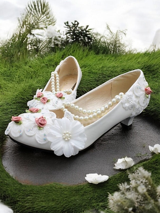 Shoes White Floral Pearl Embellished for Strap Bridal Heel Low