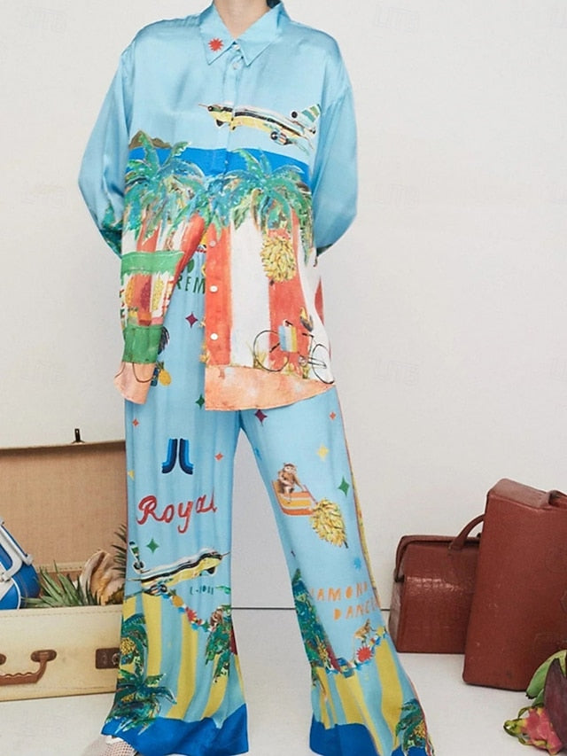 Women's Shirt Blouse Wide Leg Pants Long Sleeve Shirt