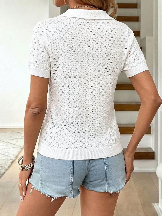 Women's Diamond Knit Tops Eyelet Casual Short Sleeve Shirt