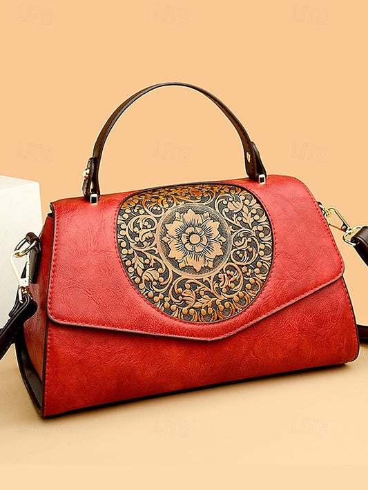 Vintage Floral Engraved Faux Leather Handbag – Women's