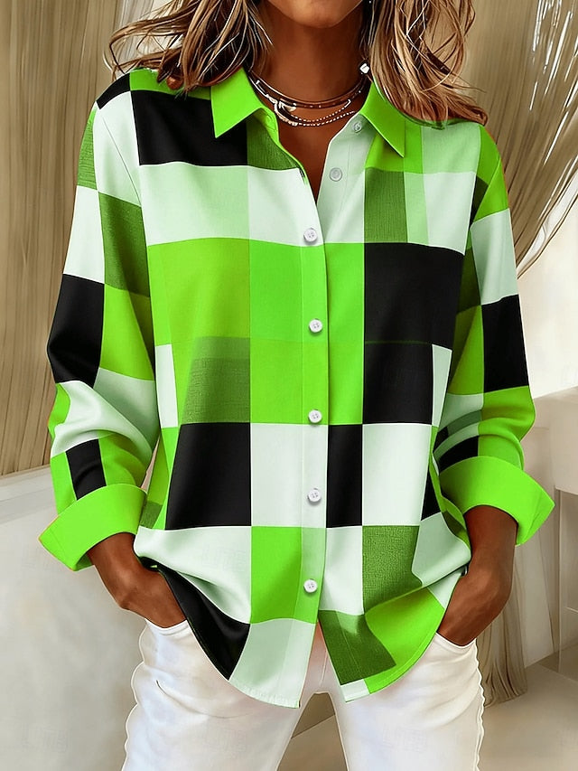 Women's Shirt Patchwork Buttons Print Graphic Plaid Color
