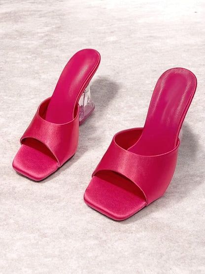 Transparent Satin Open-Toe Green Mules Block for with Heels