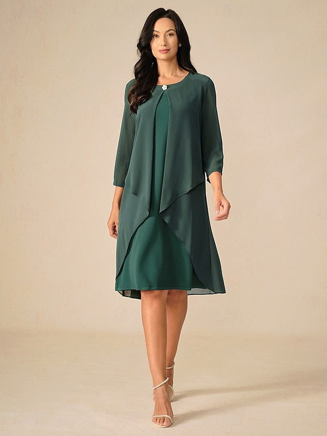 Women's Evening Dress Cape Sleeve Knee-Length Elegant Green