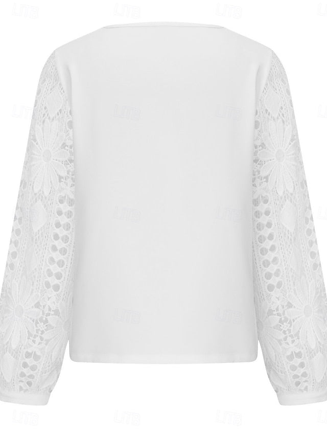 Women's White Elegant Lace Tops Eyelet Blouse Casual Solid