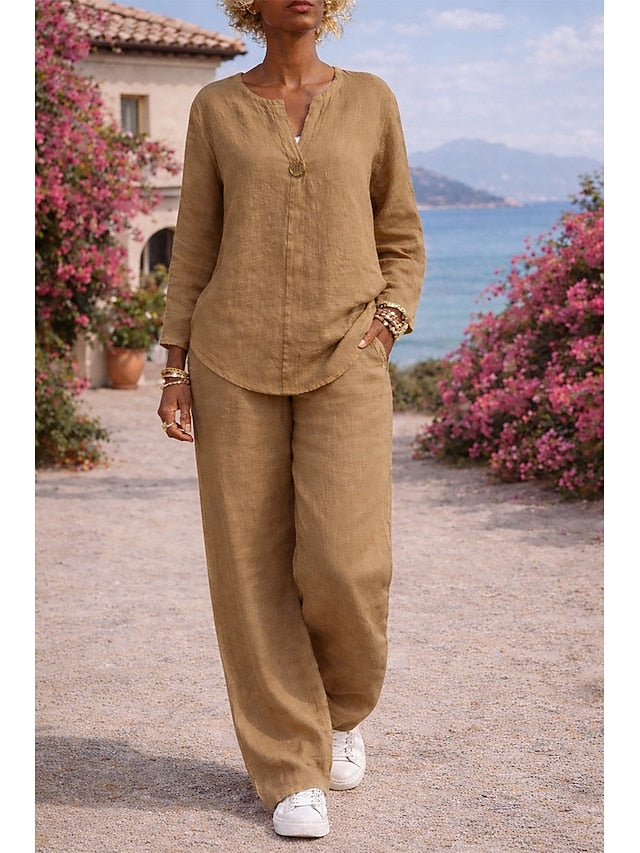 Women's Shirt Two Piece Sets Faux Cotton Linen Linen Pants