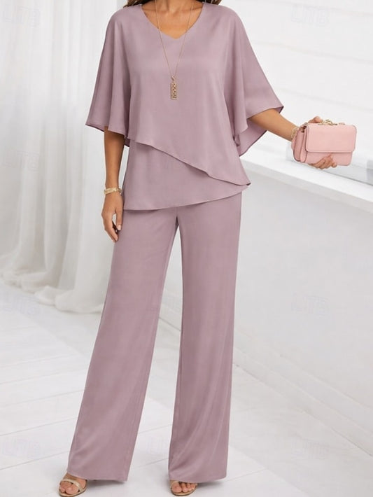 Women's Blouse Wide Leg Pants 3/4 Length Sleeve V Neck