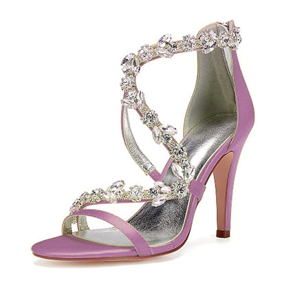 High Heel Women's Sandals with Satin Pink Floral Rhinestone