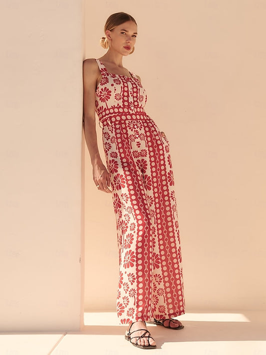 Satin Geometric Floral Print Cami Jumpsuit Vacation