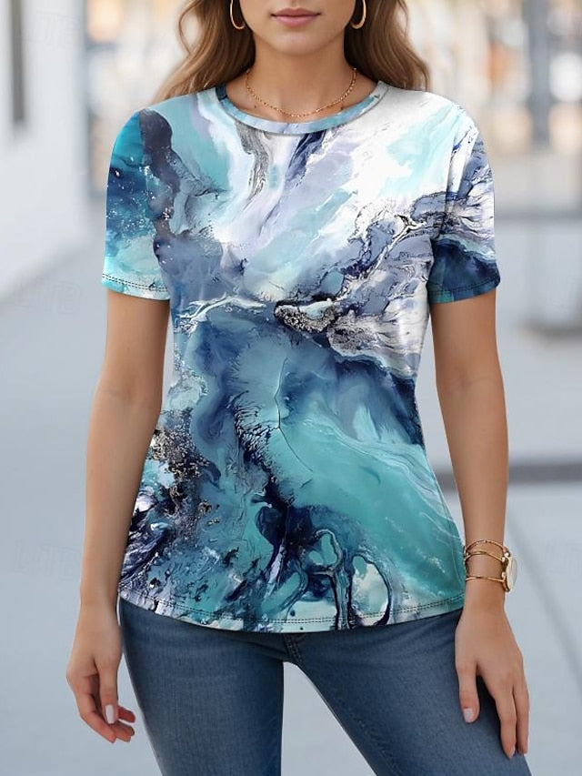 Women's T shirt Round Neck Stained Glass Hummingbird Print