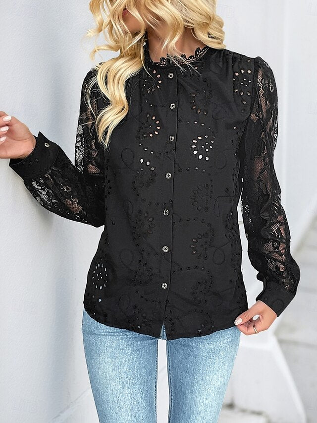 Women's Casual Shirt Button Up Shirt Blouse Lace Eyelet
