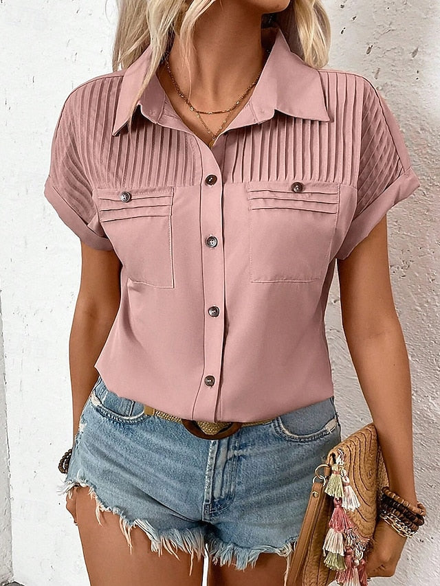 Women's Shirt Blouse Ruched Buttons Plain Elegant Stylish