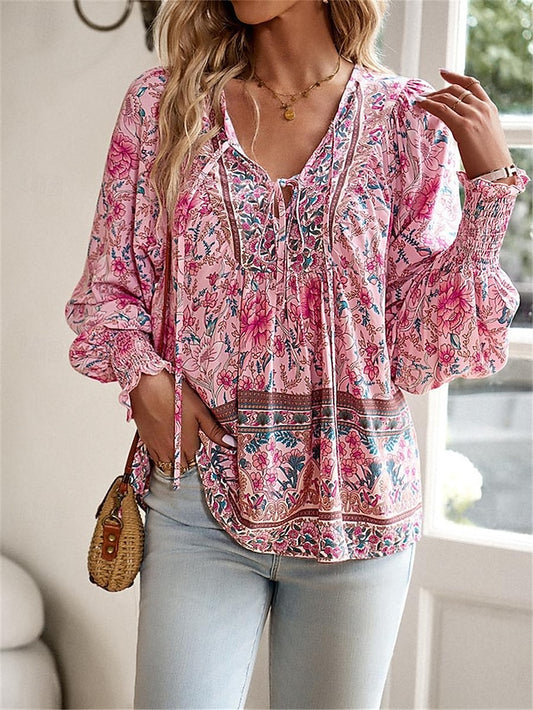 Women's Shirt Blouse Casual Boho Floral Lace up Print Long
