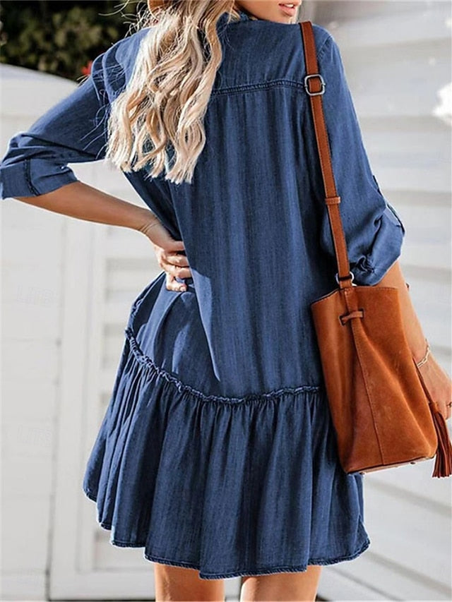 Women's Denim Dress Mini Dress Ruffle Patchwork Casual V