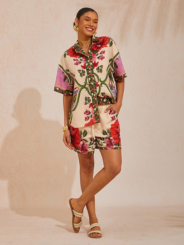 Hawaii Palm Airy Linen Look Floral Shirt