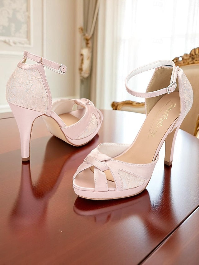 Women's Peep Pink Sandals Satin Elegant High with Heel Toe