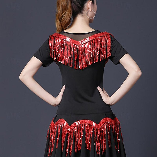 Latin Dance Ballroom Dance Top Tassel Pure Color Splicing