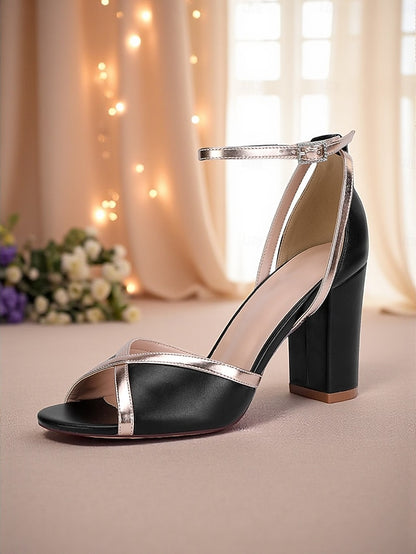 Women's Strap with White Ankle Block Metallic Sandals Heel