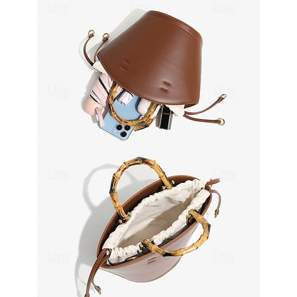 Brown Bamboo Leather Bucket Bag Handle with Women's