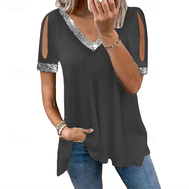 Women's Blouse Dressy Tops Ruched Sequins Patchwork Plain