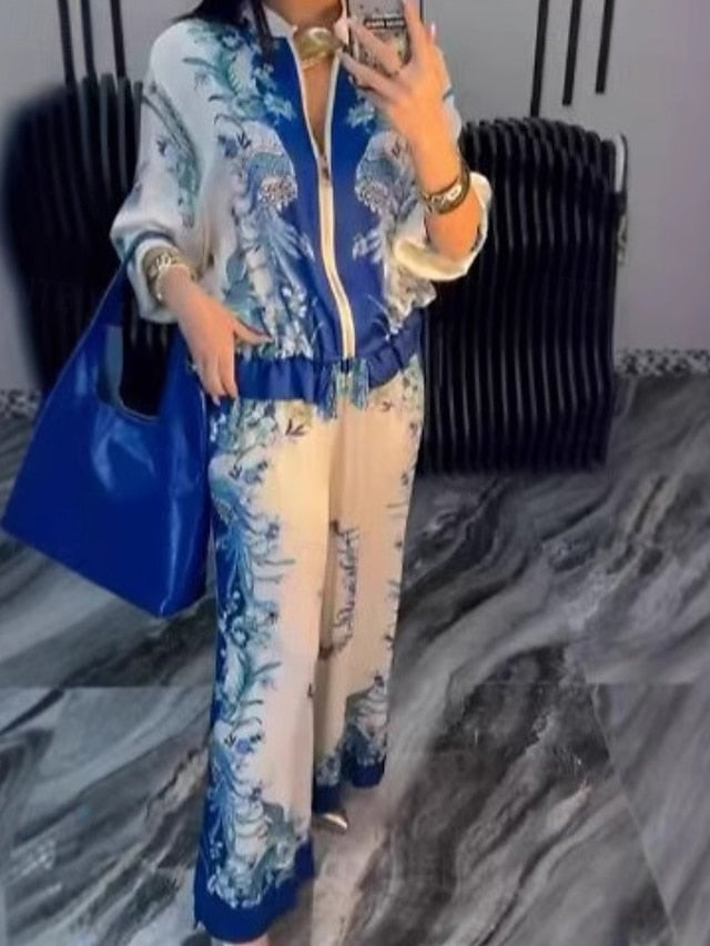 Women's Blouse Pants Sets Long Sleeve Stand Collar Floral