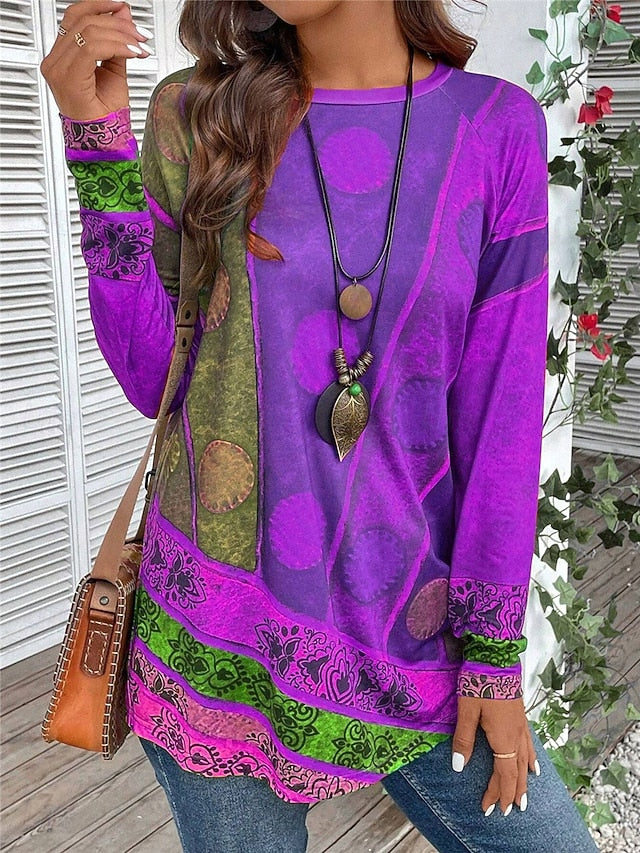 Women's T shirt Long Sleeve Vintage Ethnic Casual Print