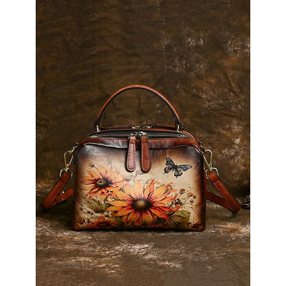 – Sunflower Print Vintage with Handbag Leather and Butterfly