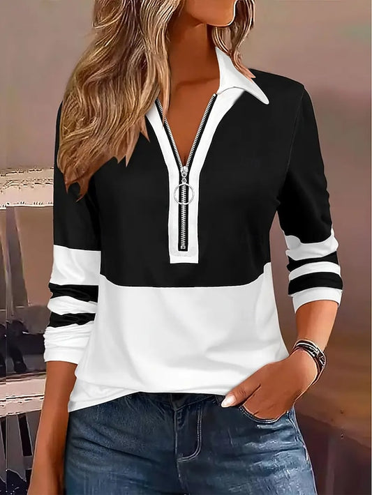 Women's Blouse Patchwork Zipper Geometric Stylish Casual