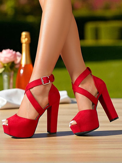 Cross - Strap Suede Platform Sandals Red Women's Toe Peep