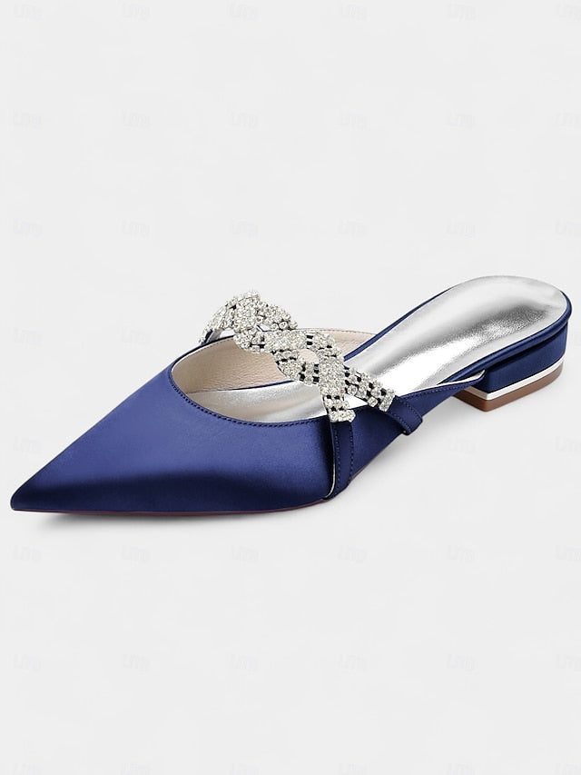 Pointed-Toe - Detailing with Mule Blue Heels Satin Rhinestone