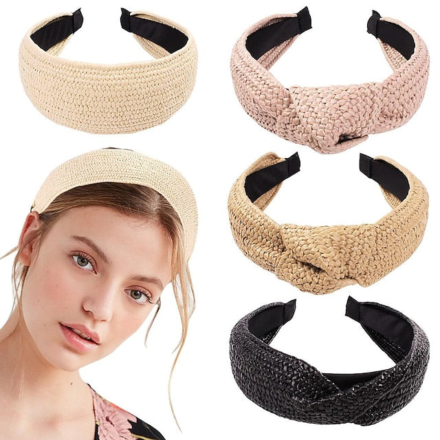 1 PC Straw Knotted Headbands for Women Summer Beach Rattan Top