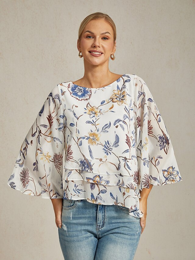 Women's Blouse Floral Print Layered Bell Sleeves Loose Fit