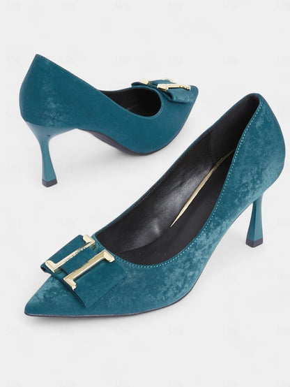Pointed Teal - Women's Pumps Velvet Elegant Heel Kitten Toe