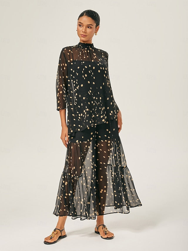 Black-Yellow Dot Asymmetric Chiffon Blouse