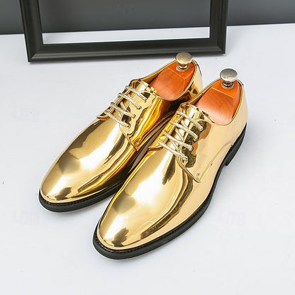 Gold – for Lace-Up Sleek Shoes Leather Men Patent Shiny