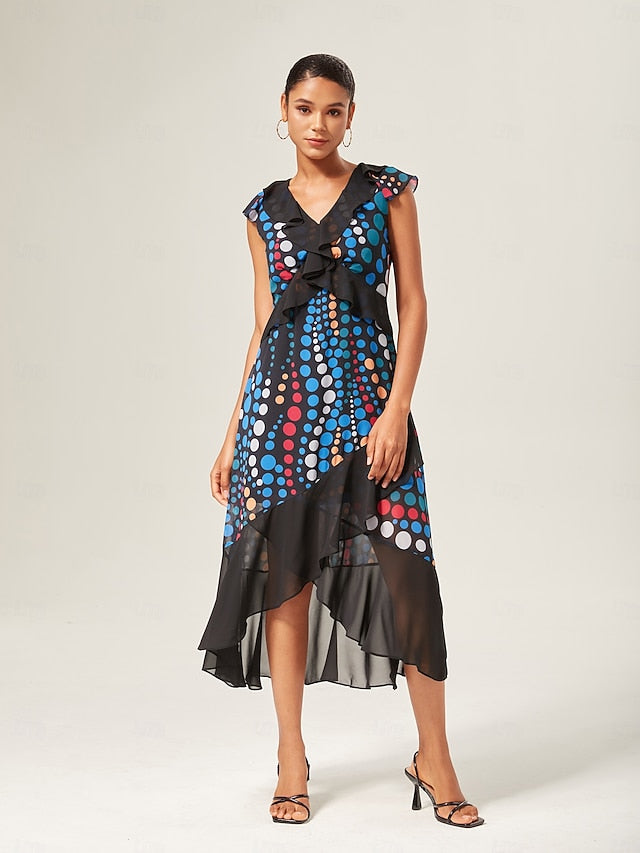 Colorblock Polka Dot Chiffon Ruffle Maxi Dress