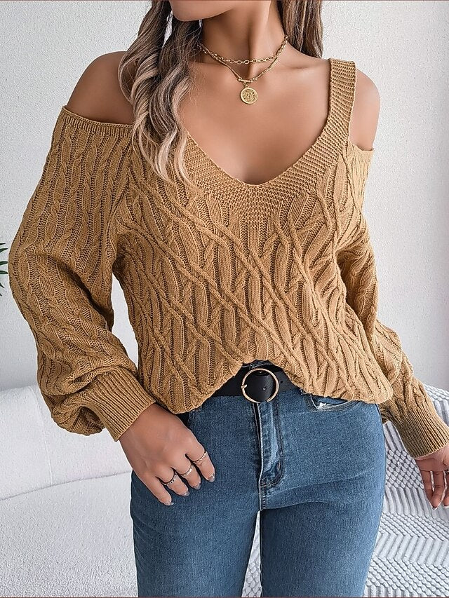 Women's Sweater Casual Soft Pure Color Ribbed Strap Knitted